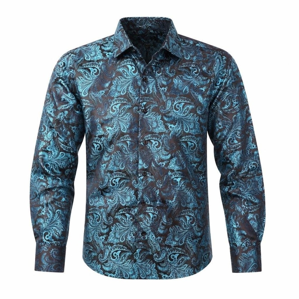 DiBanGu Shirt Mens S Blue Paisley Silk Party L/S Heritage Western Rodeo Luxury
